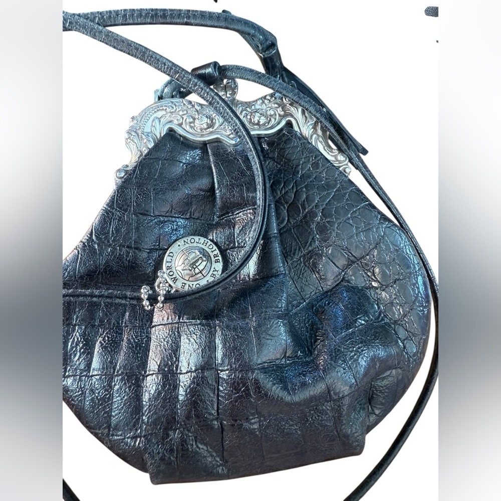 Vintage Brighton One World Black Croc-Embossed Leather Crossbody Purse